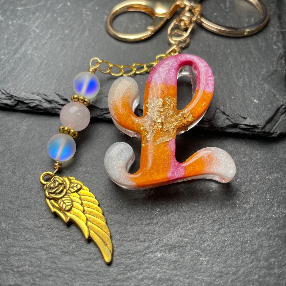 Custom Rose Quartz Initial Letter “ L” Keychain with Gold Accents - Picture 4 of 5
